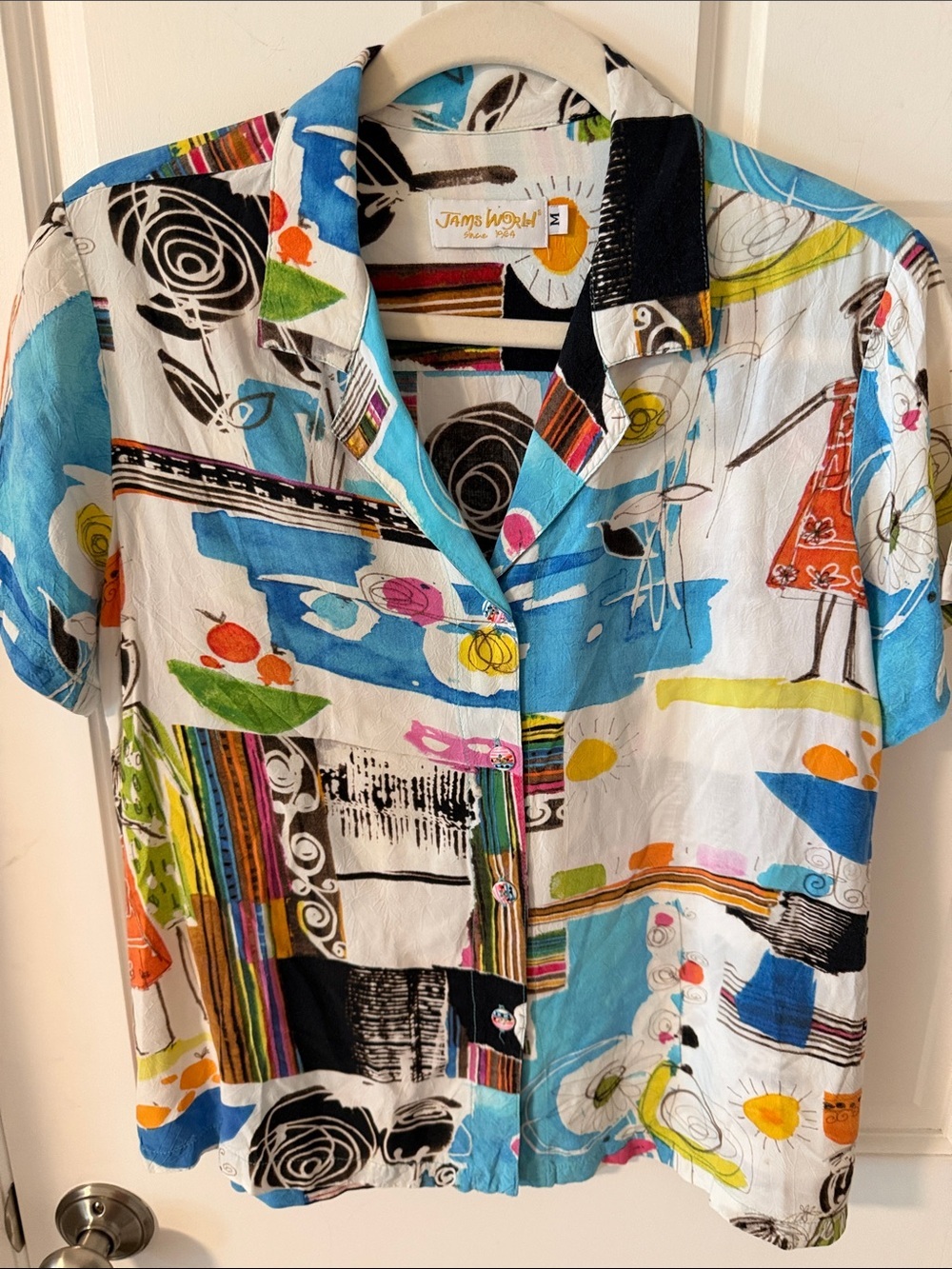 Vintage Jams World Women’s Promenade Print Rayon Camp Shirt Eclectic Hawaii M